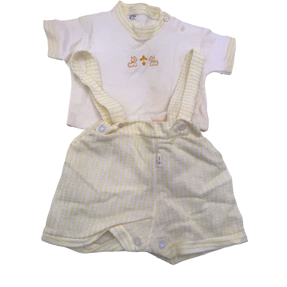 Vintage 18 Months Yellow‎ Short Set Kids Embroidered Knit Top Suspenders